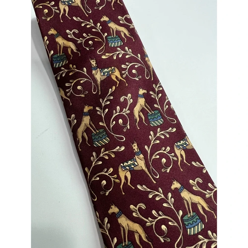 Vintage Bert Pulitzer Tie Mens OS Burgundy Greyhound Dog Circus Silk Novelty A60